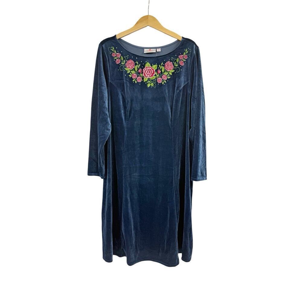 Quaker Factory Teal Blue Green Long Sleeve Velvet Embroidered Bling Dress 1XL